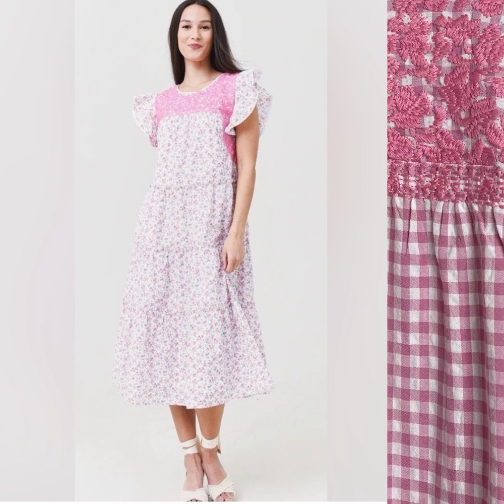 J. MARIE Genevieve Pink Gingham Embroidered Ruffle Midi Dress Size S Tiered
